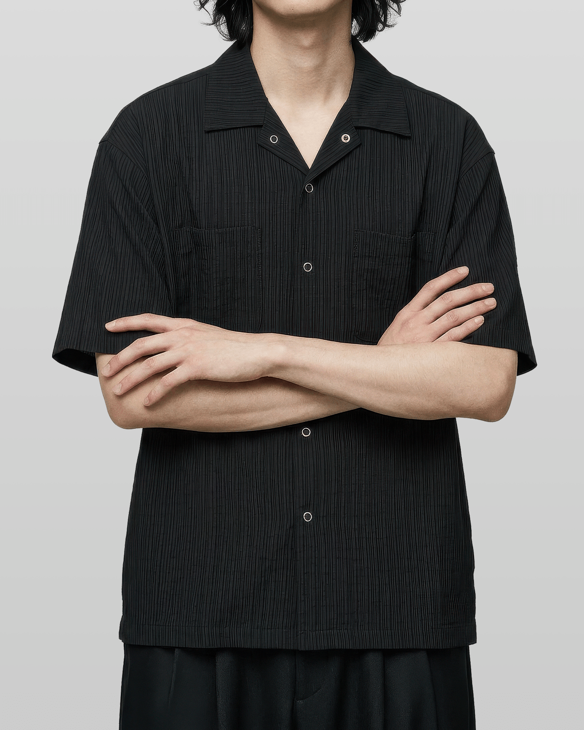 Open-Collar Crepe Button-up Sheer Shirt