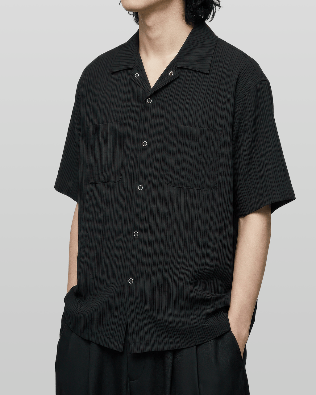 Open-Collar Crepe Button-up Sheer Shirt