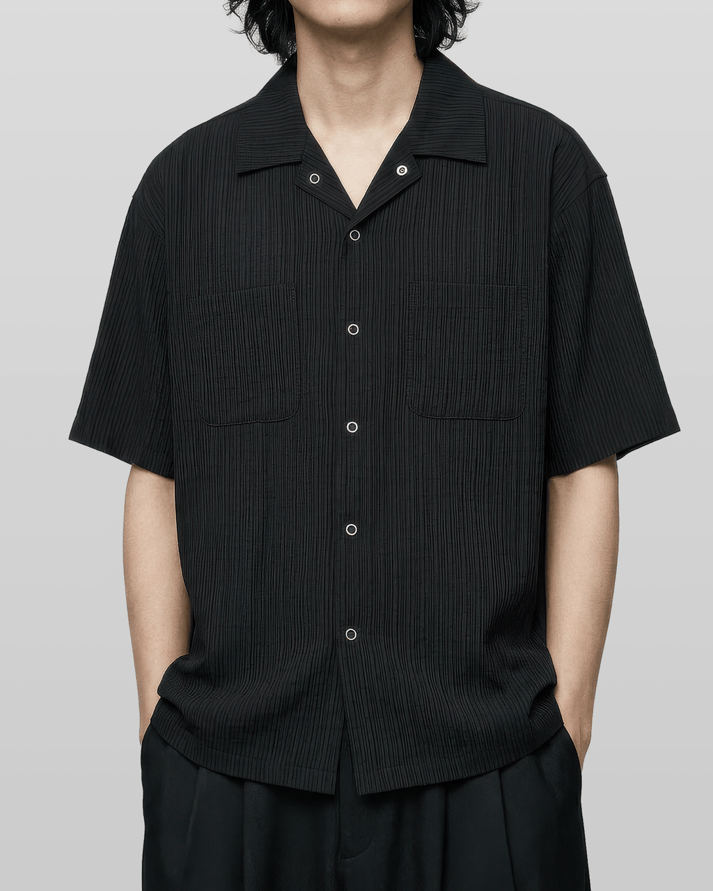 Open-Collar Crepe Button-up Sheer Shirt