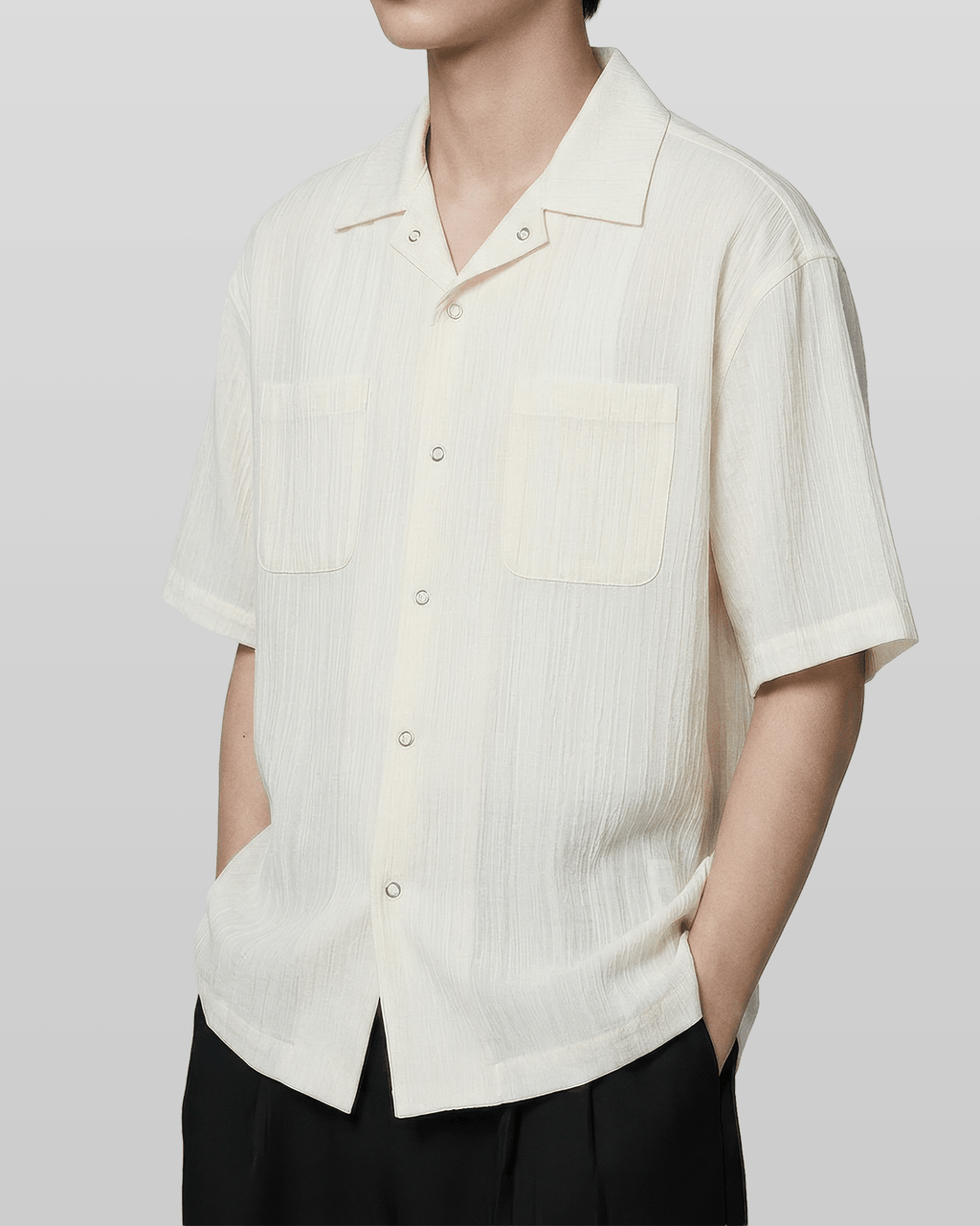 Open-Collar Crepe Button-up Sheer Shirt
