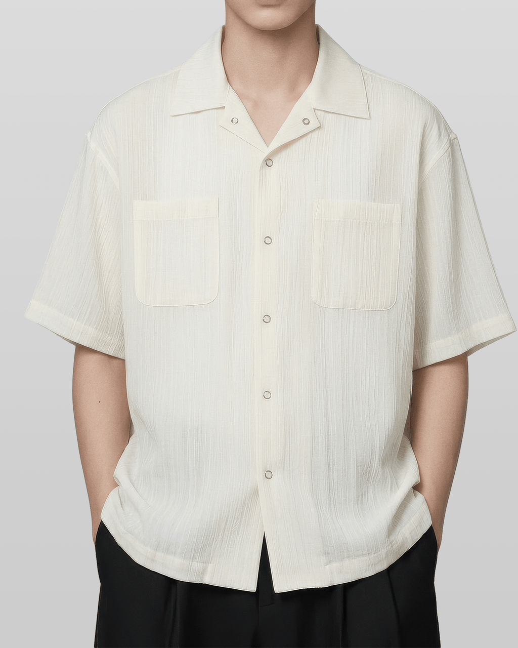Open-Collar Crepe Button-up Sheer Shirt