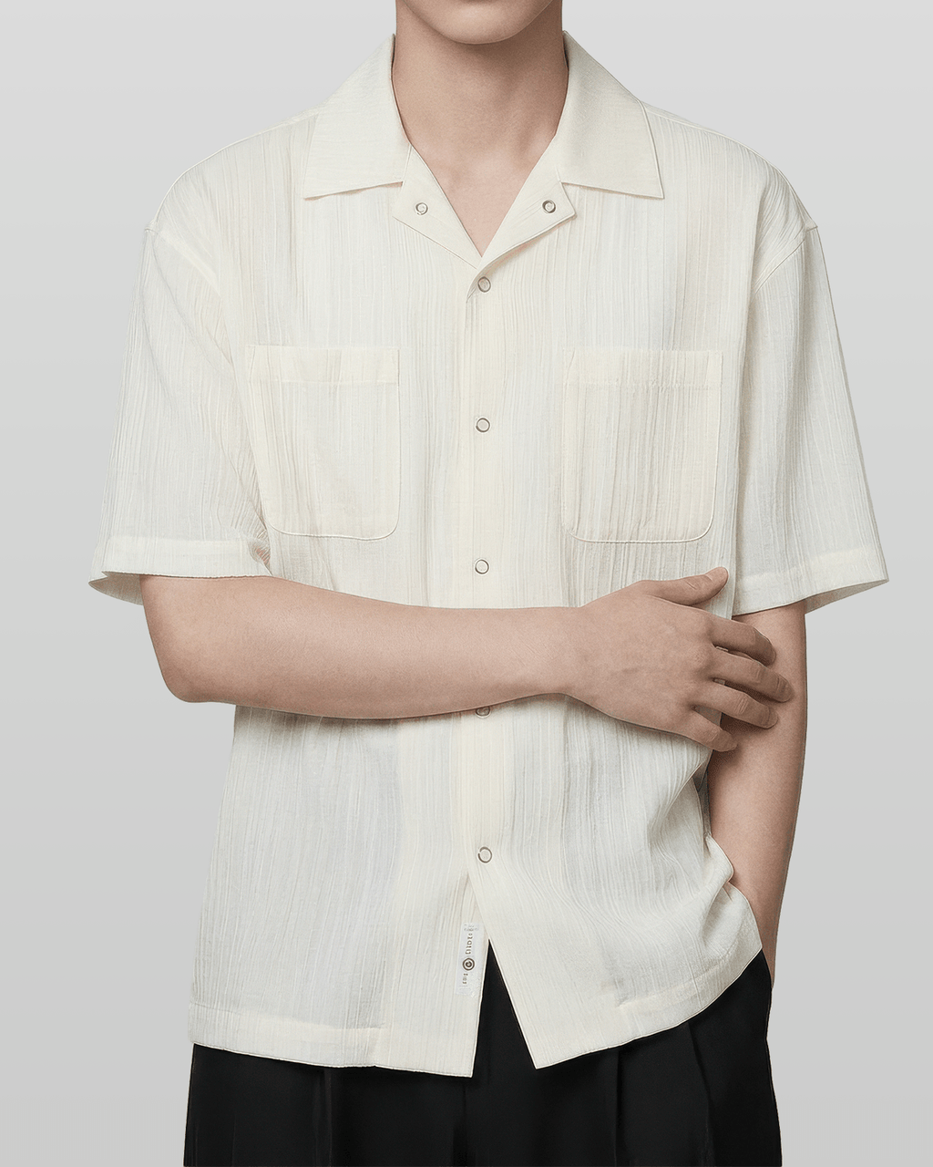 Open-Collar Crepe Button-up Sheer Shirt