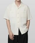 Open-Collar Crepe Button-up Sheer Shirt