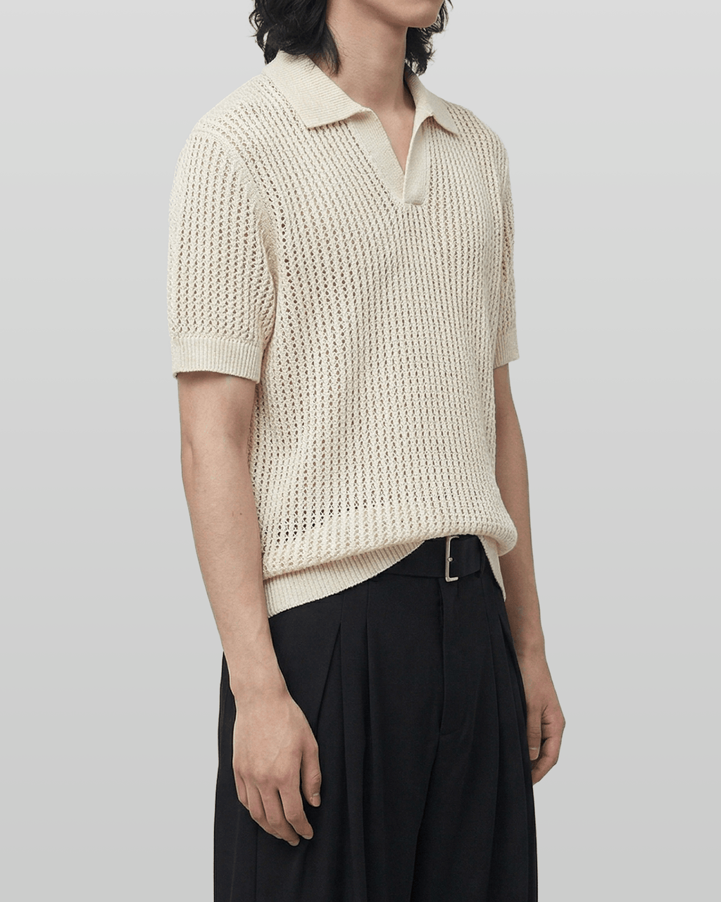 Open Collar Linen Knit Top