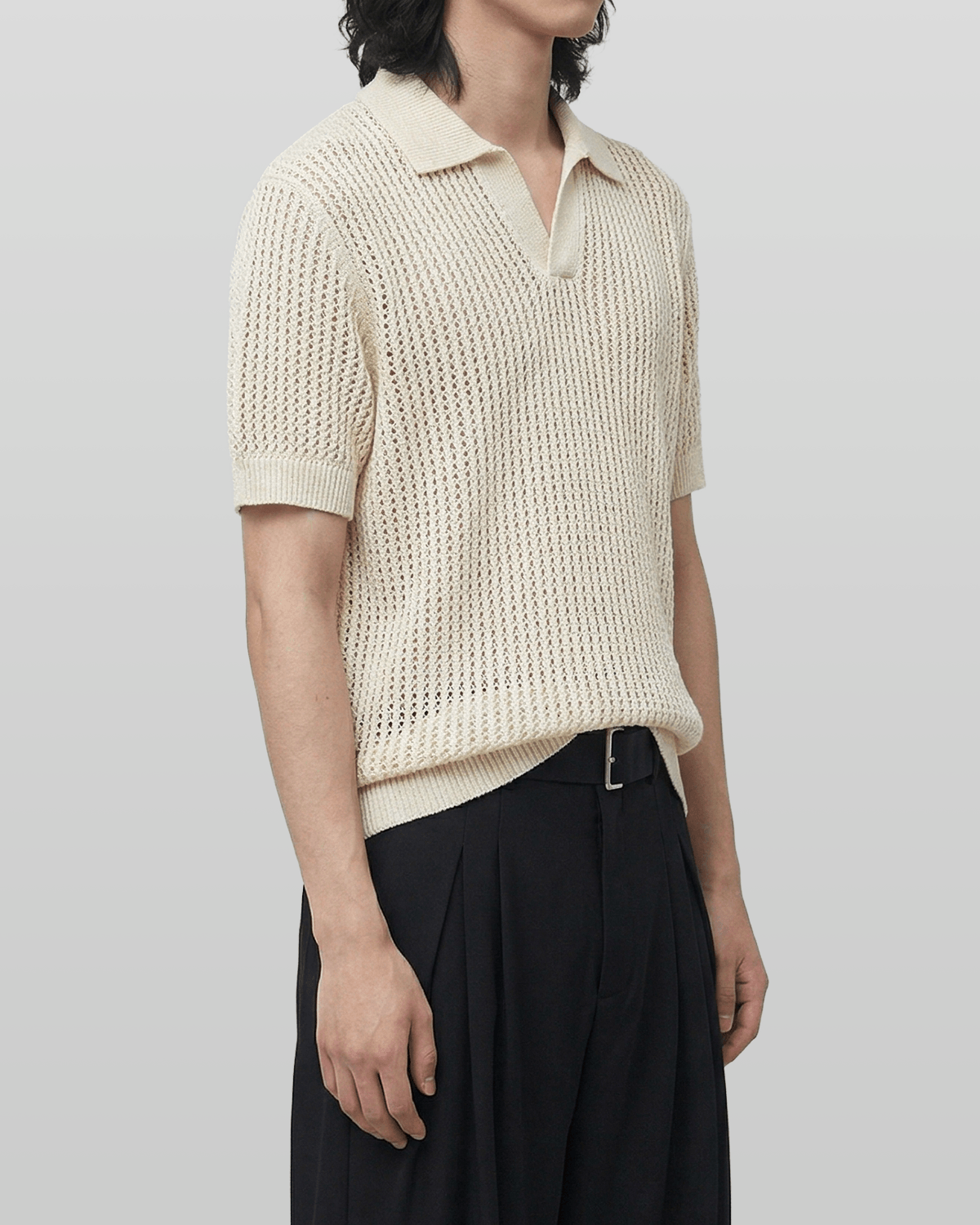 Open Collar Linen Knit Top