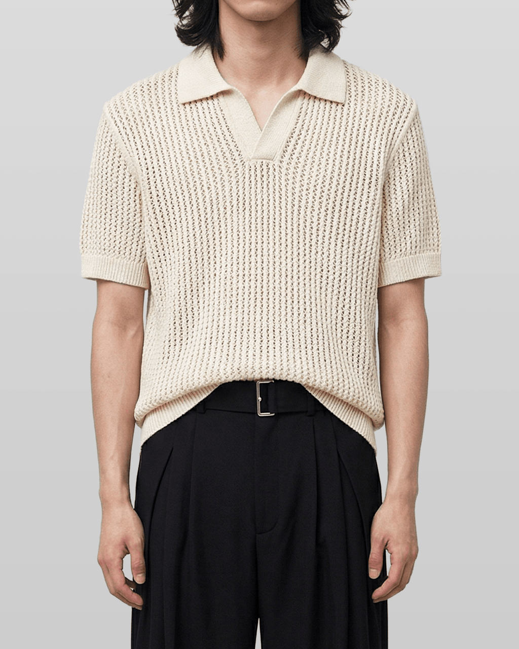 Open Collar Linen Knit Top