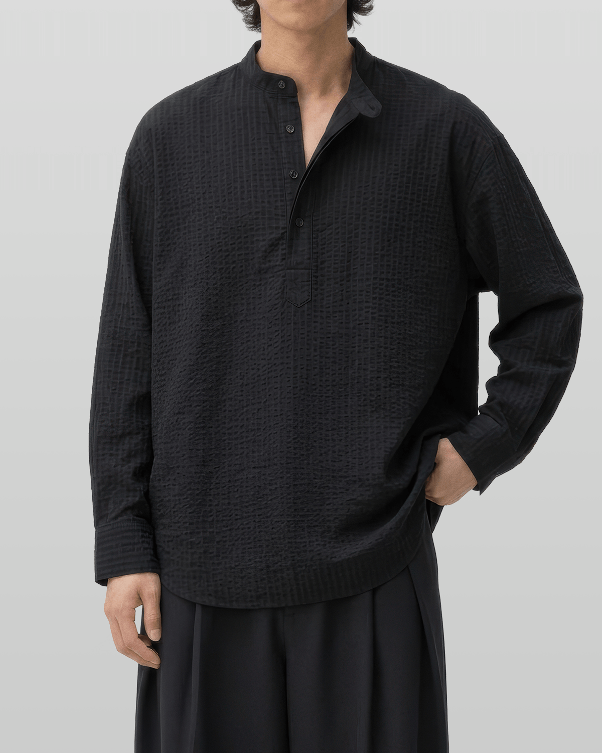 Seersucker Pullover Button-Tab Shirt