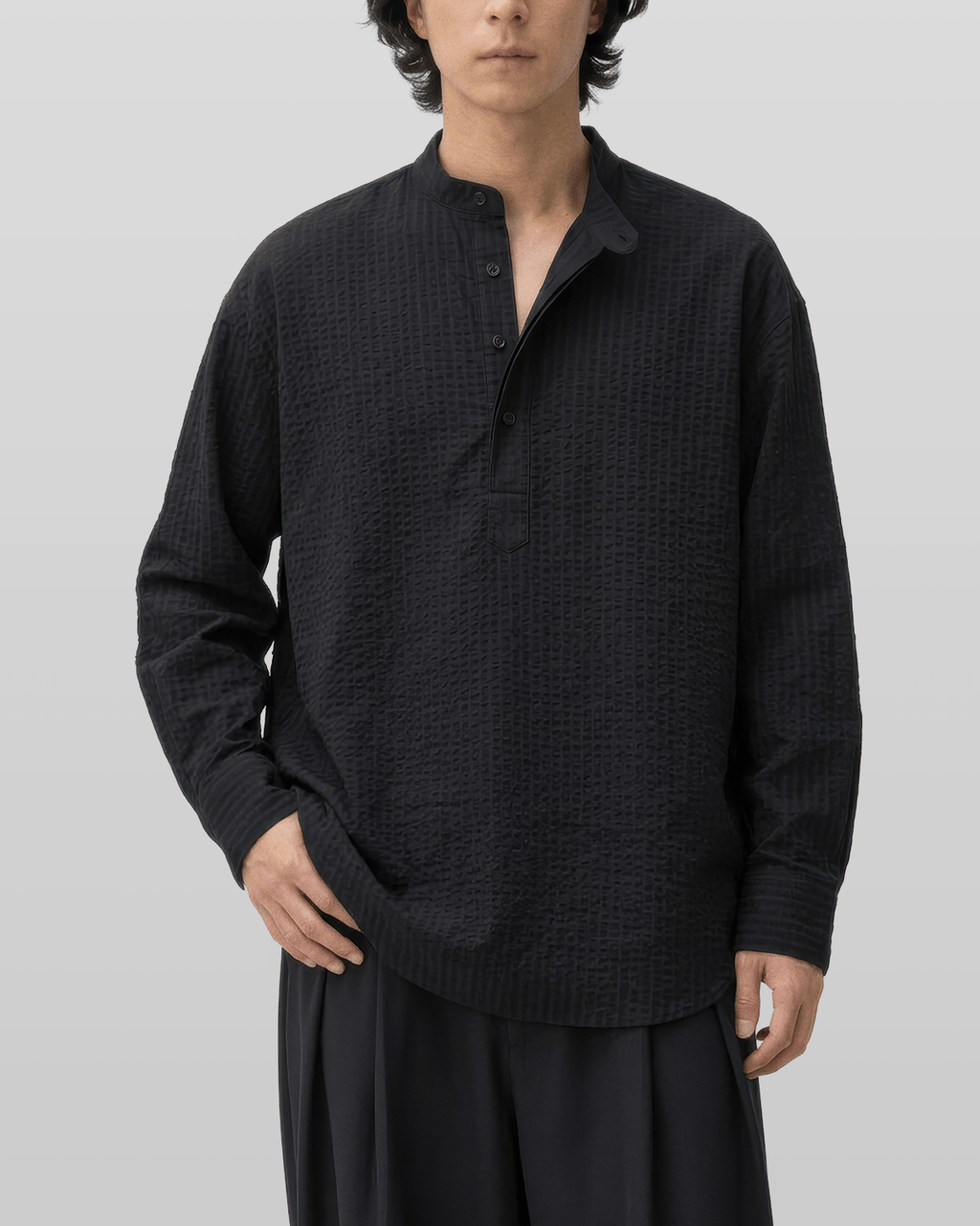 Seersucker Pullover Button-Tab Shirt