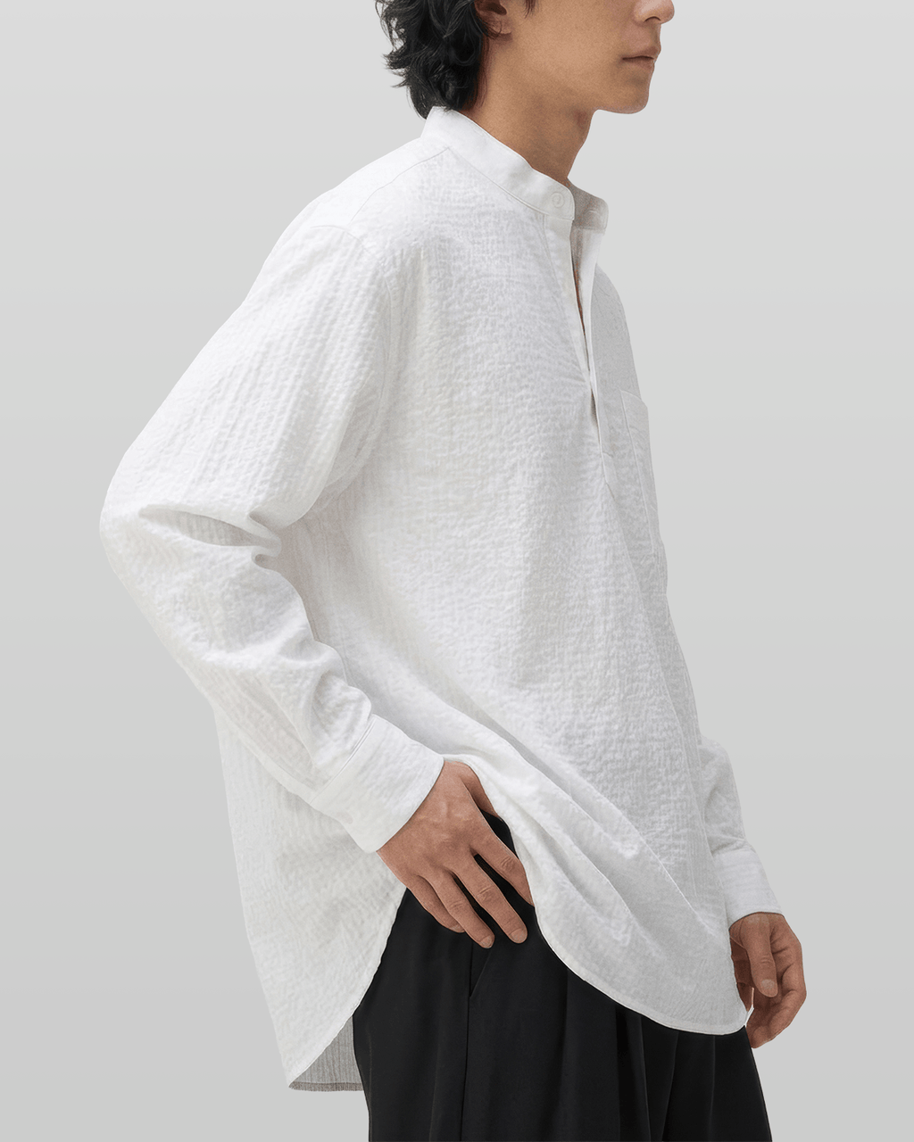 Seersucker Pullover Button-Tab Shirt