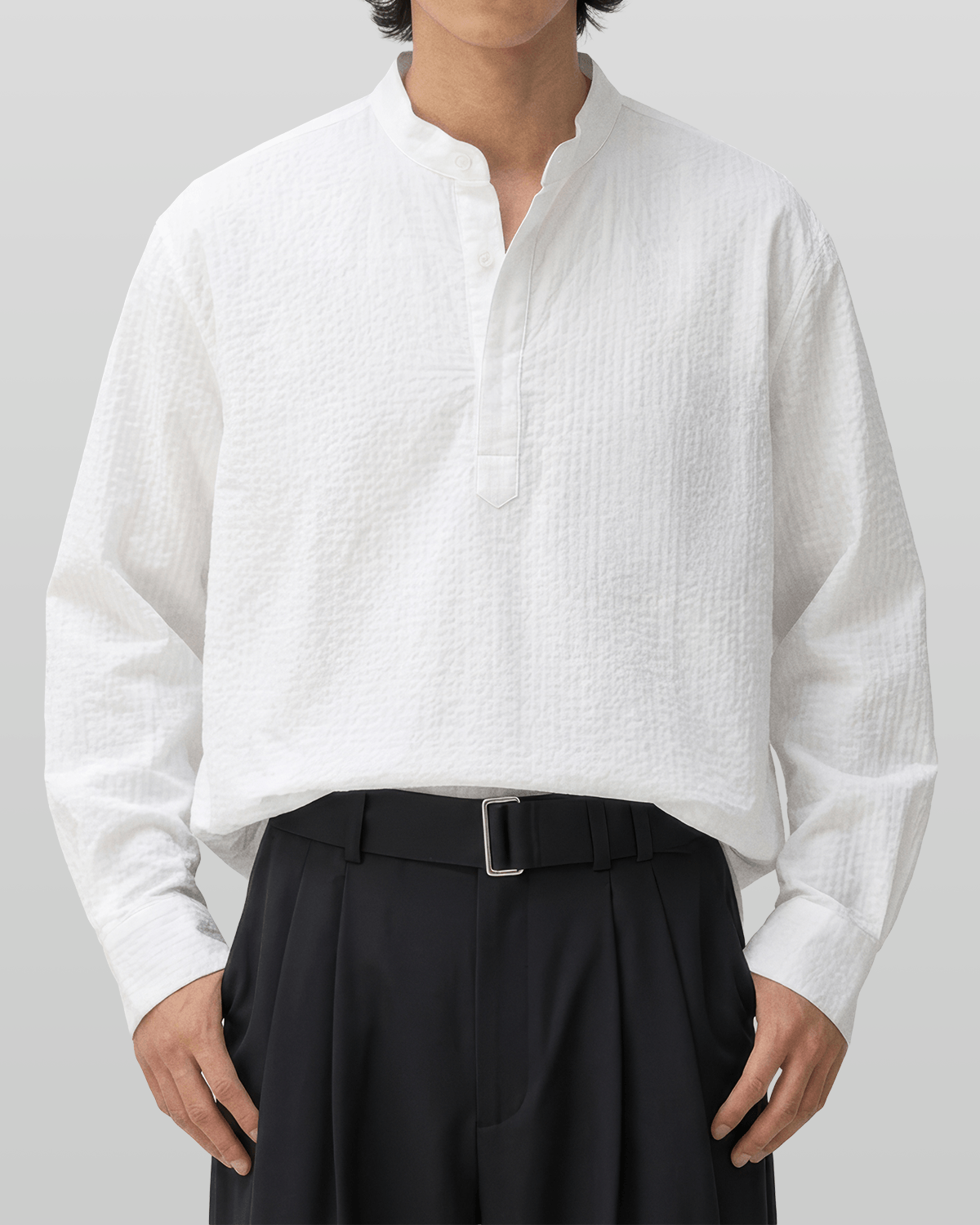 Seersucker Pullover Button-Tab Shirt White