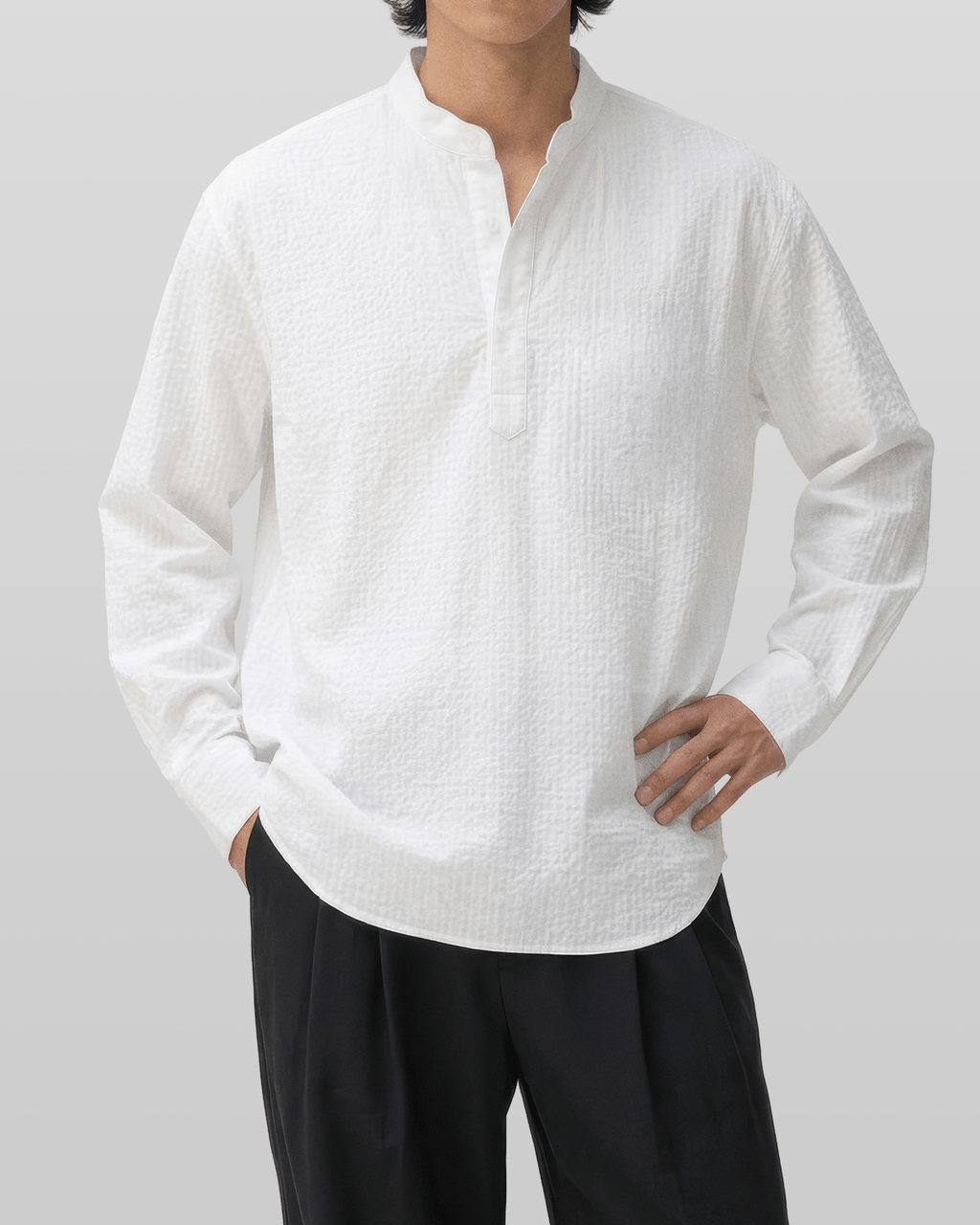 Seersucker Pullover Button-Tab Shirt