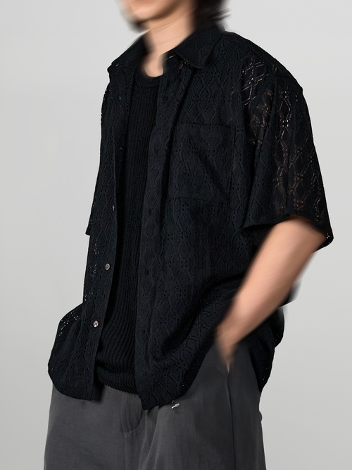 Sheer-Lace Shirt black – Detail | relaxed tailoring / semi-wide fit | UNPROVEN
