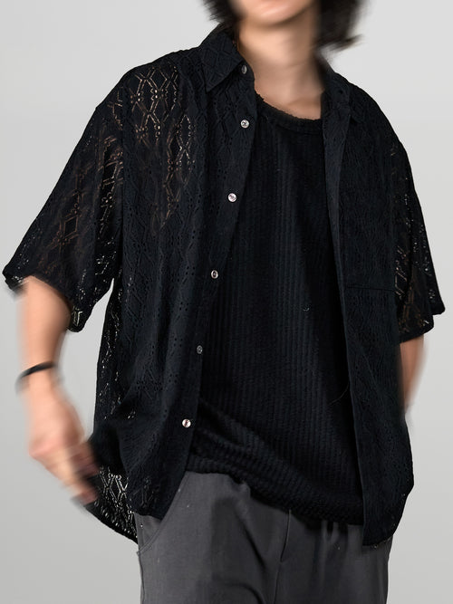 Sheer-Lace Shirt black – Front view | relaxed tailoring / semi-wide fit | UNPROVEN