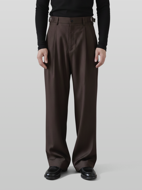 Side-Buckle Striped Pleated Pants brown – Front view | wide-leg / pleated / relaxed tailoring | UNPROVEN