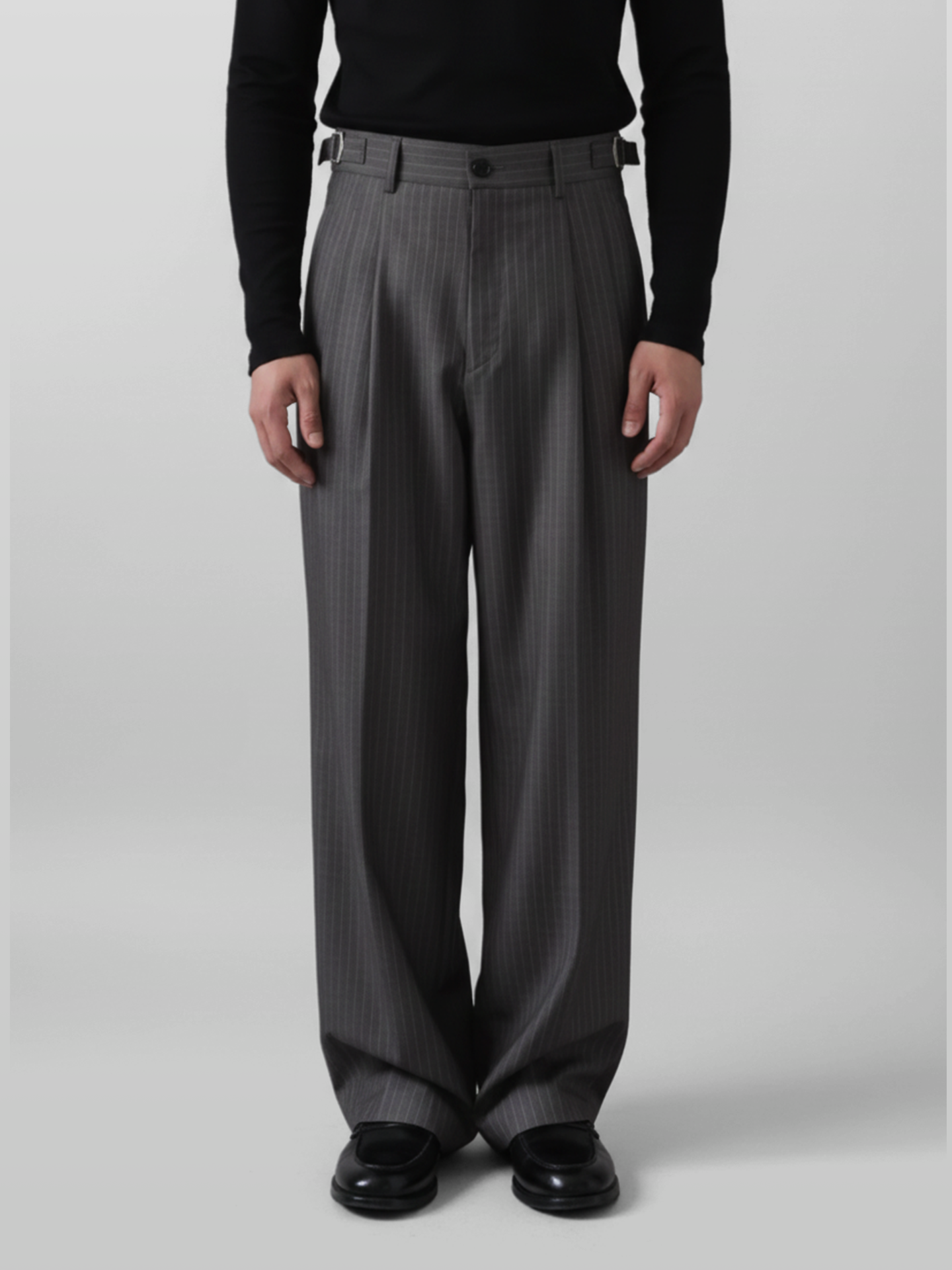 Side-Buckle Striped Pleated Pants