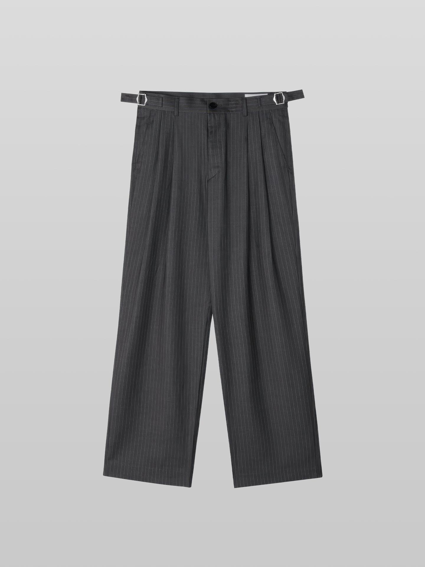 Side-Buckle Striped Pleated Pants