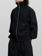 Stand Collar Knit Jacket black – Front view | architectural outerwear / structured | UNPROVEN