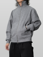 Stand Collar Knit Jacket gray-1 – Front view | architectural outerwear / structured | UNPROVEN