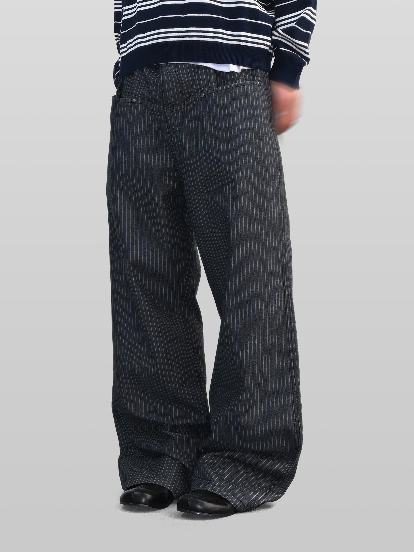 Striped Low Pocket Wide Denim Jeans