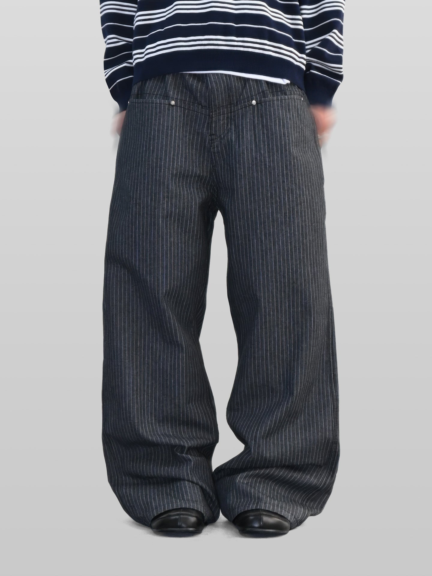 Striped Low Pocket Wide Denim Jeans