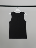 Henley Neck Sleeveless Top black – Front view | clean essentials / relaxed fit | UNPROVEN
