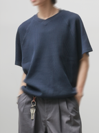 Waffle V-Neck T-Shirt navy – Front view | clean essentials / relaxed fit | UNPROVEN