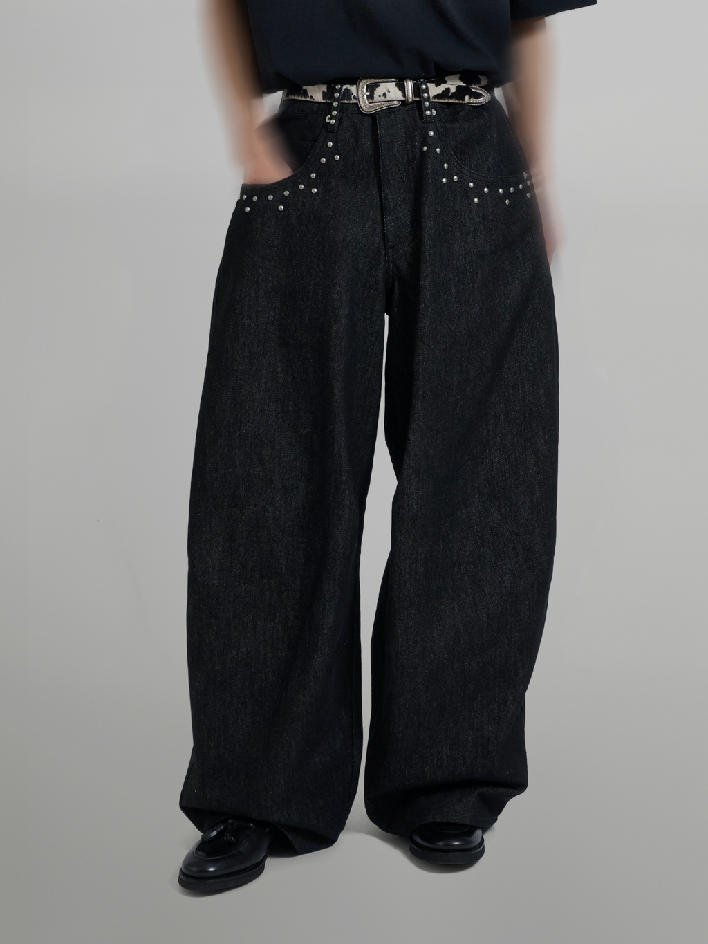 Silver Studded Baggy Denim Jeans black – Front view | wide-leg denim / relaxed denim | UNPROVEN