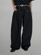 Silver Studded Baggy Denim Jeans black – Front view | wide-leg denim / relaxed denim | UNPROVEN