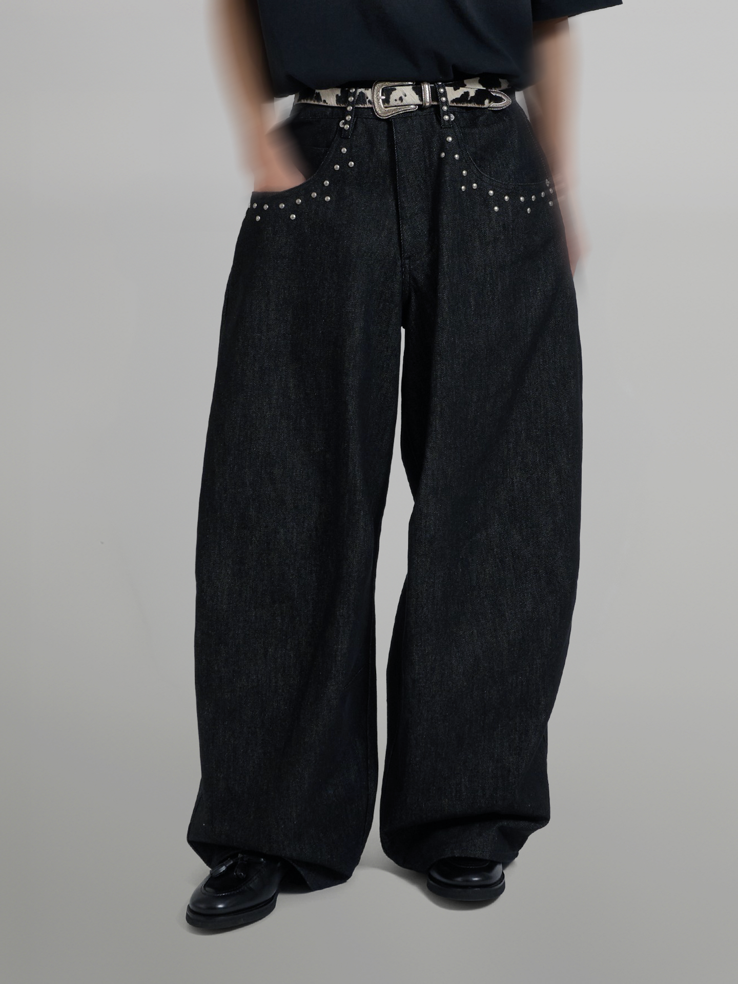 Silver Studded Baggy Denim Jeans black – Front view | wide-leg denim / relaxed denim | UNPROVEN