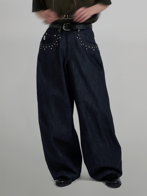 Silver Studded Baggy Denim Jeans dark-indigo – Front view | wide-leg denim / relaxed denim | UNPROVEN
