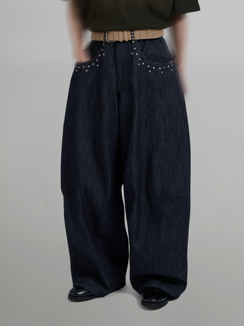 Silver Studded Baggy Denim Jeans dark-indigo – Detail | wide-leg denim / relaxed denim | UNPROVEN